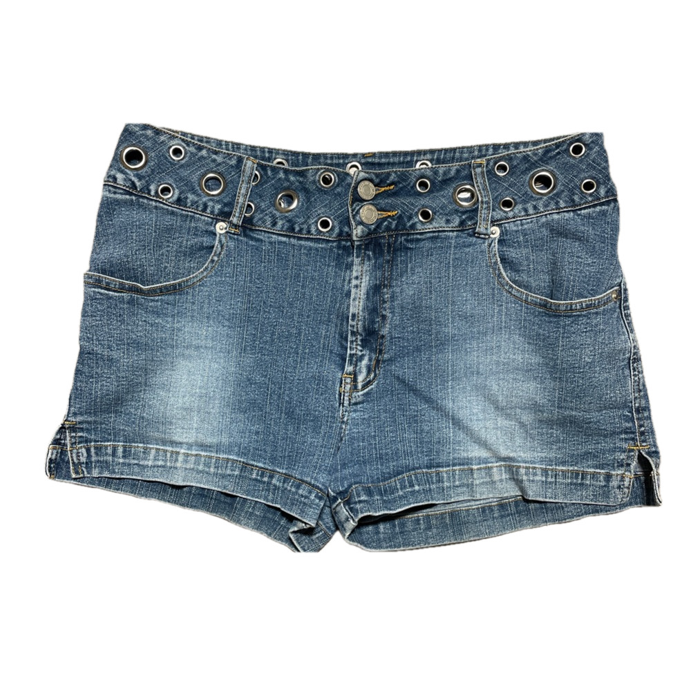 AC-3998 Y2K Jean Shorts Blue Denim Size 12 Silver Accent Vintage Streetwear